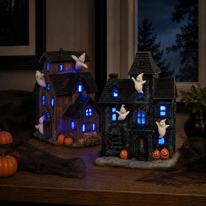 Halloween Light-Up House Ornament, Resin Building with White Figures and Gourd Motifs for Seasonal Display Scenes