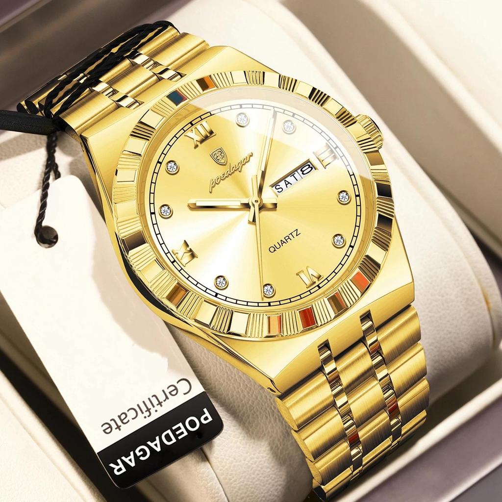 POEDAGAR Luxury Business Male Watch Waterproof Luminous Week Date Wristwatch Stainless Steel Trendy Quartz Watches for Men