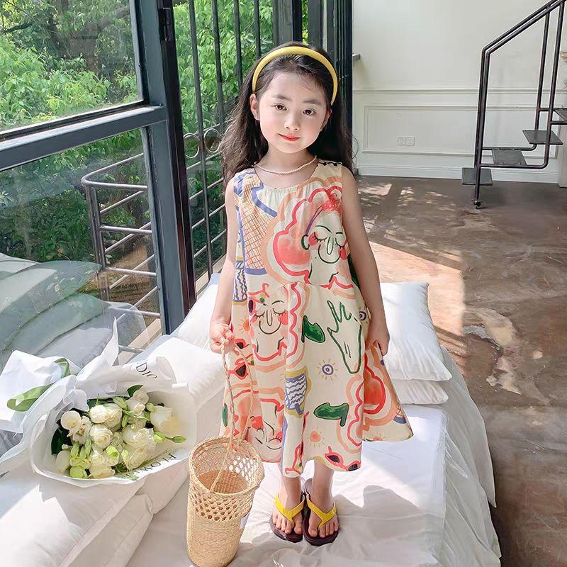 Girls Summer Sleeveless Tie Dye French Sweet Princess Dress