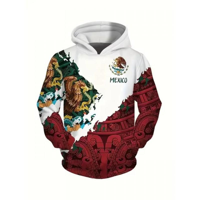 Unisex Hooded Sweatshirt With 3D Digital Print Mexican Flag Emblem Fleece-Lined Winter