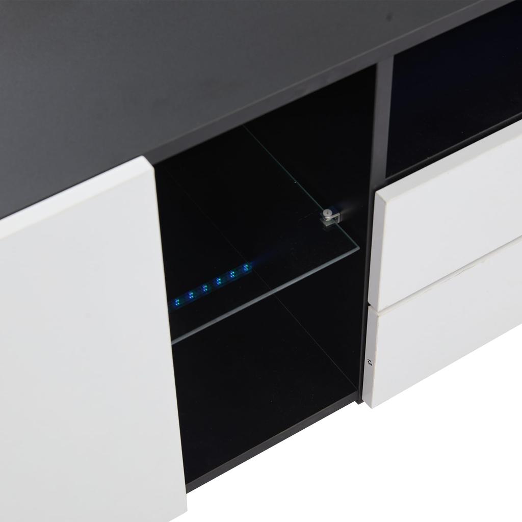 TV-Schrank LED, Hochglanz 2 Türen 2 Schubladen, TV-ständer Fernseher bis zu 75 Zoll, TV Lowboard Wohnzimmer, Esszimmer, 180cm, Schwarz & Weiß