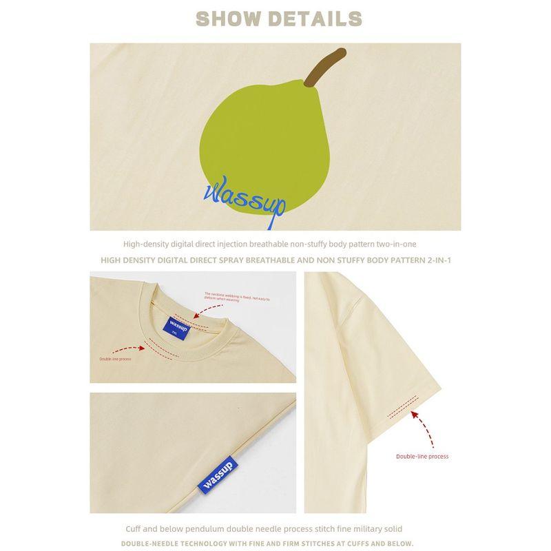 Wassup Pear Large Inkjet Short Sleeve T-shirt Men's Summer New Heavy Cotton Couple Round Neck All-Match T-shirt