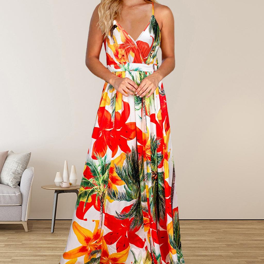 Boho Maxi Dresses for Women V Neck Sleeveless Casual Dresses for Women Floral Print Sundresses for Women Summer Dresses for Women