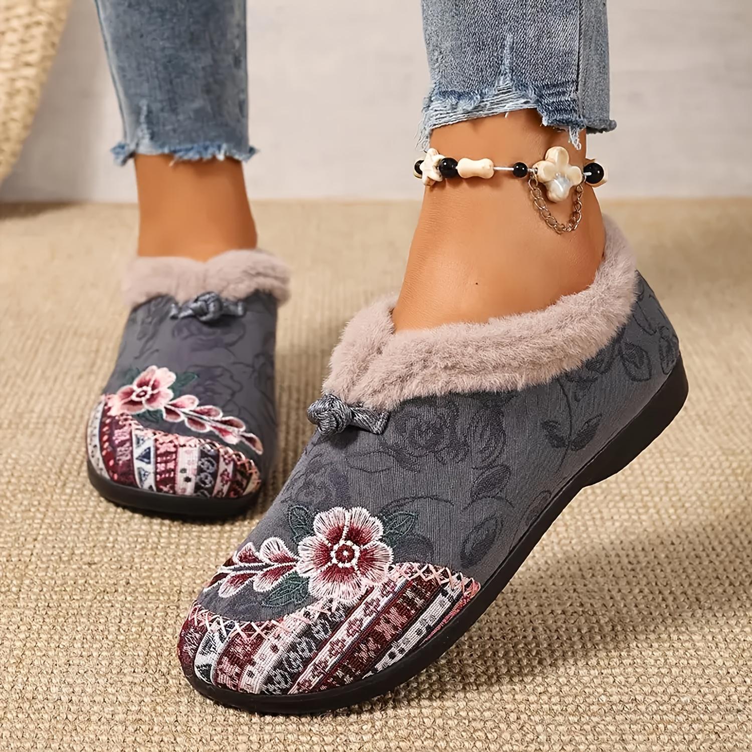 

Женские зимние винтажные туфли с цветочным принтом, уютные теплые короткие ботинки на флисовой подкладке с нескользящей подошвой из ЭВА, легкая плюшевая подкладка для комнатных/уличных зимних ботинок 43 серый