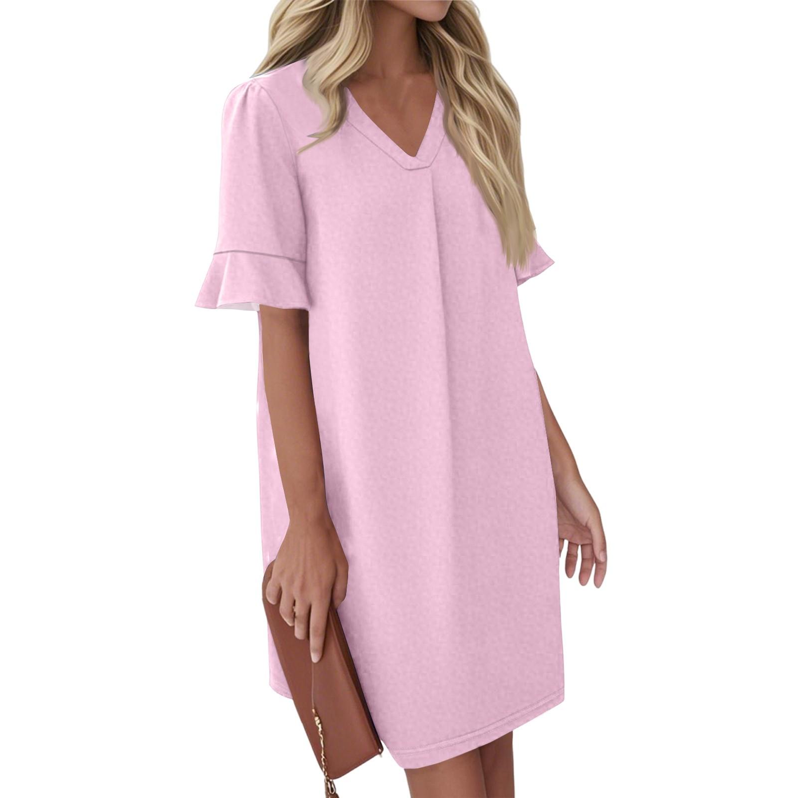 

Women s Summer Color Dress Pleated Short Sleeve V Tie Pocket Casual Dress L рожевий