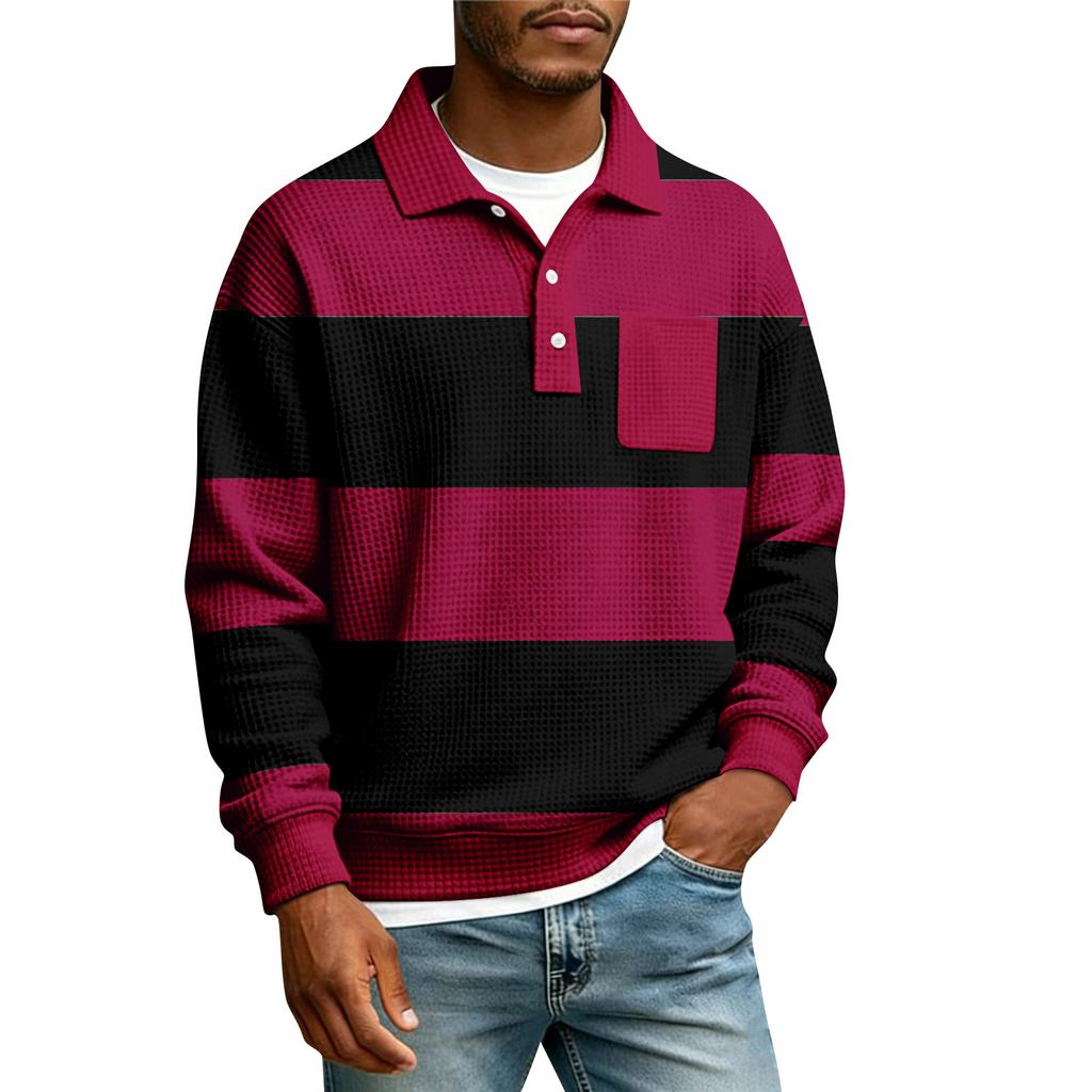 Herren Gestreiftes Einreihiges Langarmhemd Mit Kragen Und Taschen Lässiges Sport-T-Shirt