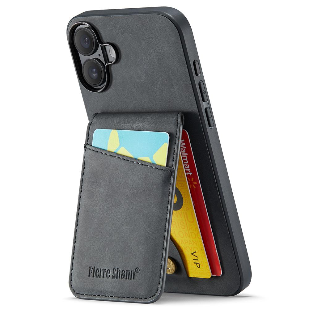 FIERRE SHANN For iPhone 16 Plus Case Card Holder Kickstand Leather RFID Blocking Back Cover