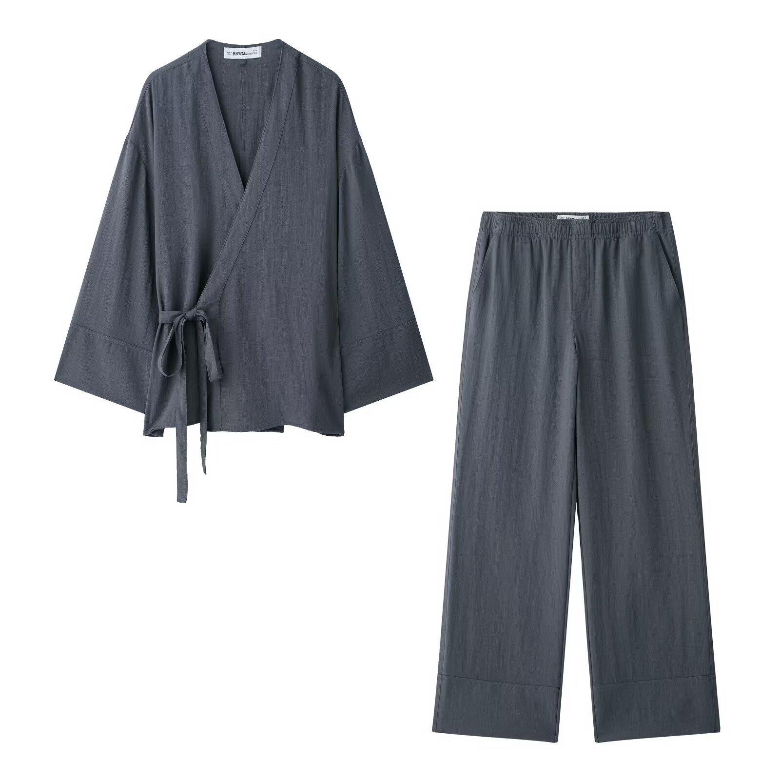 

2025 Spring Women s Bow Kimono-Style Jacket & Pants Set M