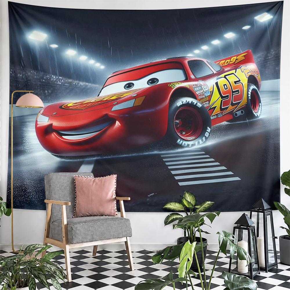 Wide Wall Tapestry Cars Lightning McQueen Number 95 on Wet Night Racetrack Under, Horizontal Wall Art for Adult Bedroom Living Room Fan Gift