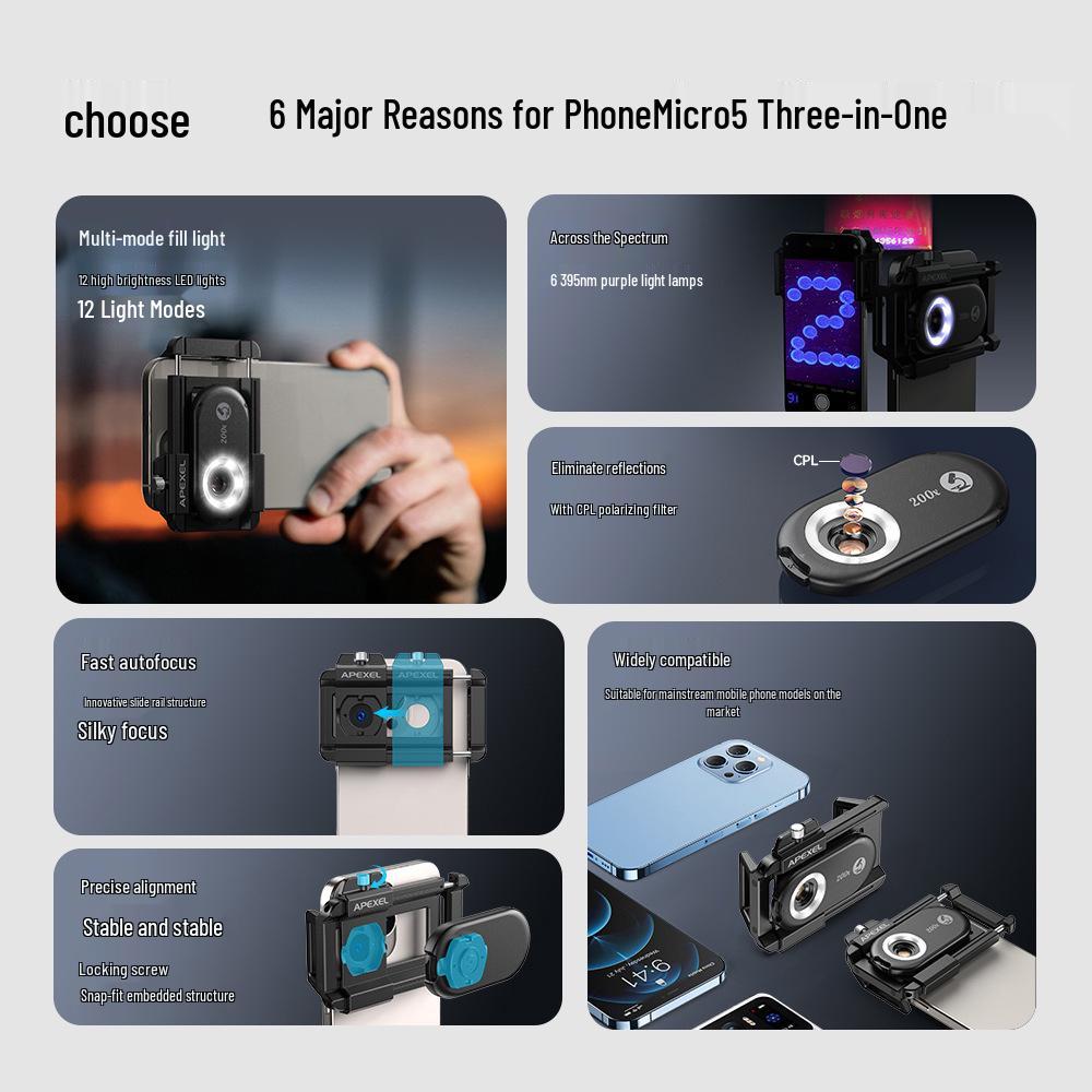 200x HD Optical Phone Microscope for Skin, Textile, and Biological Research