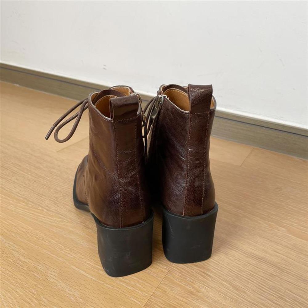 Quiet Sole Soft Leather Ankle Boots Women's Autumn Winter Thick Heel High Heel Lace-up Ankle Square Head High Heel Short Boots