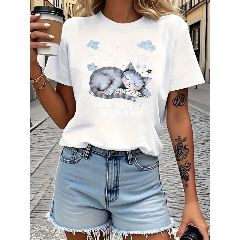 

Европейский размер Женская модная футболка | Веселый ретро Креативная печать узором, Мягкая и удобная, 100% хлопок, Повседневная S белый