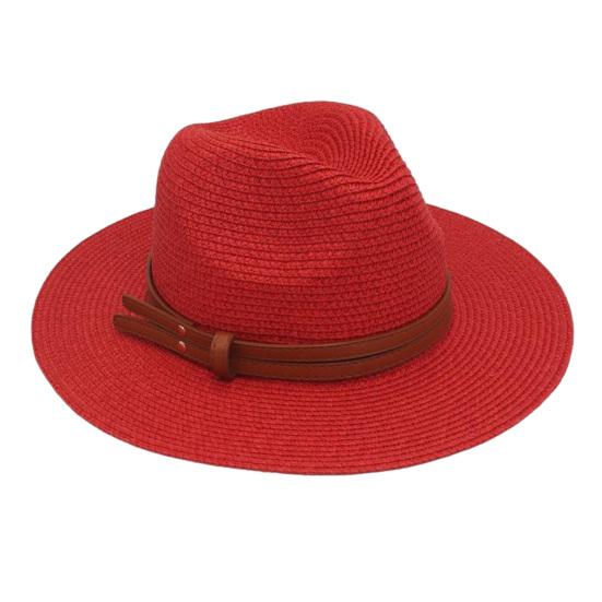 

Women Jazz Hat Wide Brim Faux Leather Belt Decor Beach Straw Hat Adjustable Size UV Protection Foldable Summer Hat красный