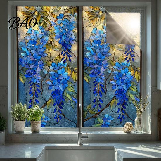 Static Cling Window Film Glass Sticker, Colored Flower Texture Film, UV Removable Decal Light Blocking Waterproof Dustproof for Home Decor Easy