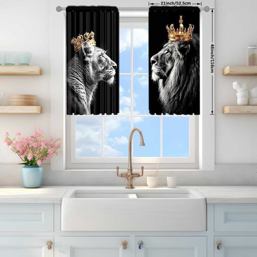 2pcs Crown Lion Printed Curtain for Home Decor - Rod Pocket Window Treatment for Bedroom, Office, Kitchen, Living Room,and Study