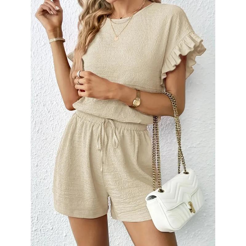 Women's Vacation Fashion Casual Shorts Suit Solid Summer Shorts and Top Two Piece Sets Fashion Fold Texture Outfit Woman Clothes