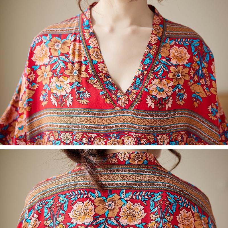 Sommer V-Ausschnitt Dünn Übergröße Locker Literarischer Urlaubsstil Strandkleid Vintage Lange Kleider