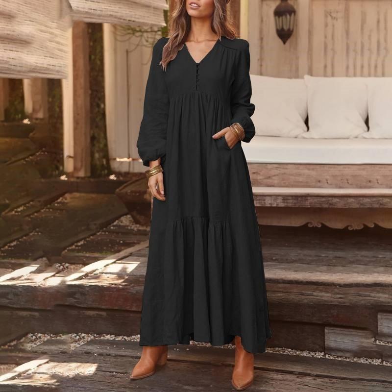 IHUASU Fashion Autumn Winter Solid Color Print Long Sleeve V-Neck Casual Dresses Unique design