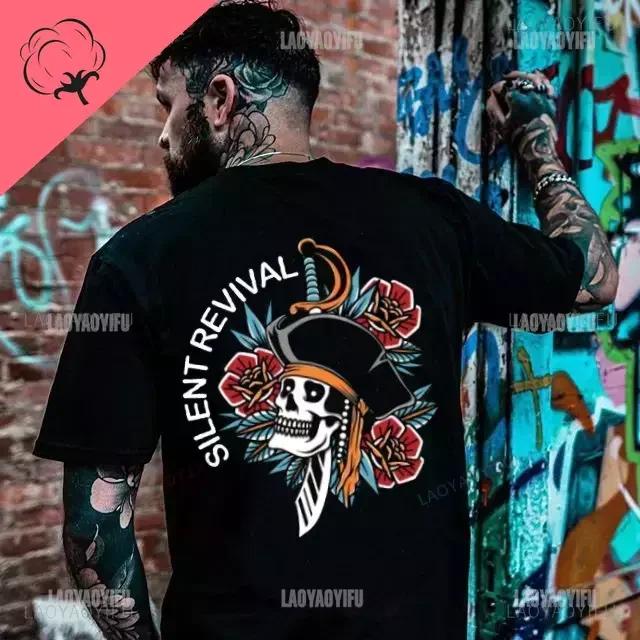 Gothic Harajuku Biker Skull Graphic Tshirts Men Fashion Trend Short Sleev Tops Dark Punk Skulls Retro T Shirt Male Oversized Tee