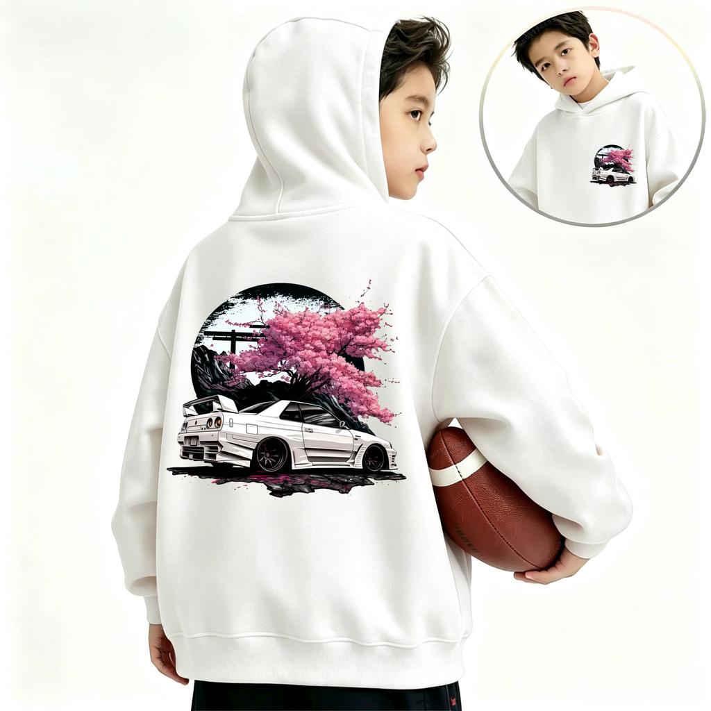 New Autumn Winter Kids Hooded Sweatshirt Japanese Style Sports Car Sakura Front Back Print Boys Girls Streetwear Hoodie