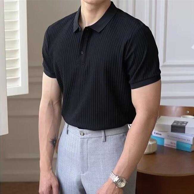 

Men’s Textured Ice Silk Dark Stripe Short Sleeve Polo Shirt - Slim Fit, Summer, Stain Resistant, Worn Look, Business Lapel T-shirt. L