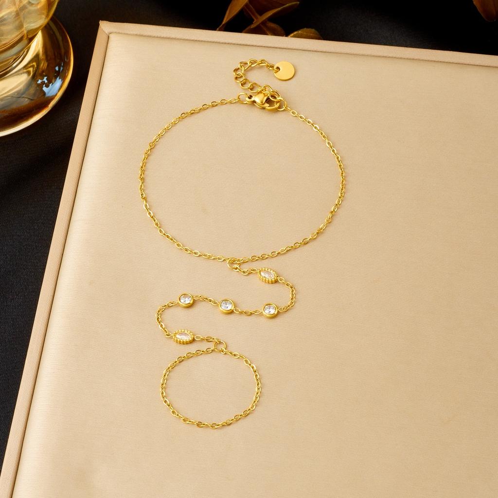 DIEYURO 316L Stainless Steel Fashion White Round Zircon Back Of Hand Chain Finger Bracelet Lady Trend Classic Waterproof Jewelry