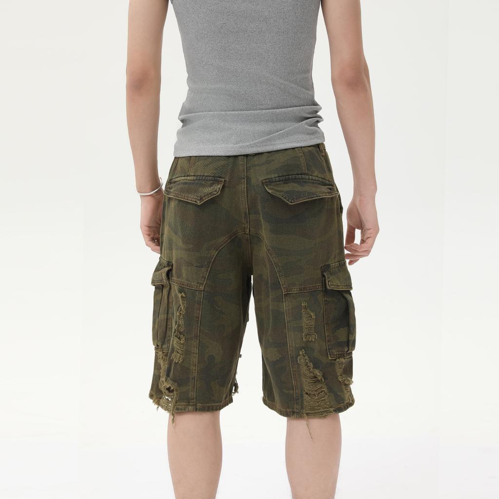 Men's Clothing | Vintage High Street Camouflage Ripped Overalls Men's Loose Pockets Frayed Old Shorts