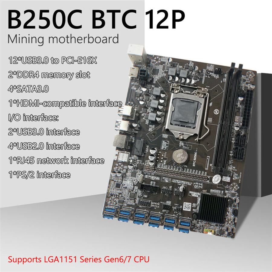 B250C Mining Motherboard with 12 PCIE Slots, Converted To USB 3.0 for GPU, LGA1151 GEN6 / 7, for Ddr4
