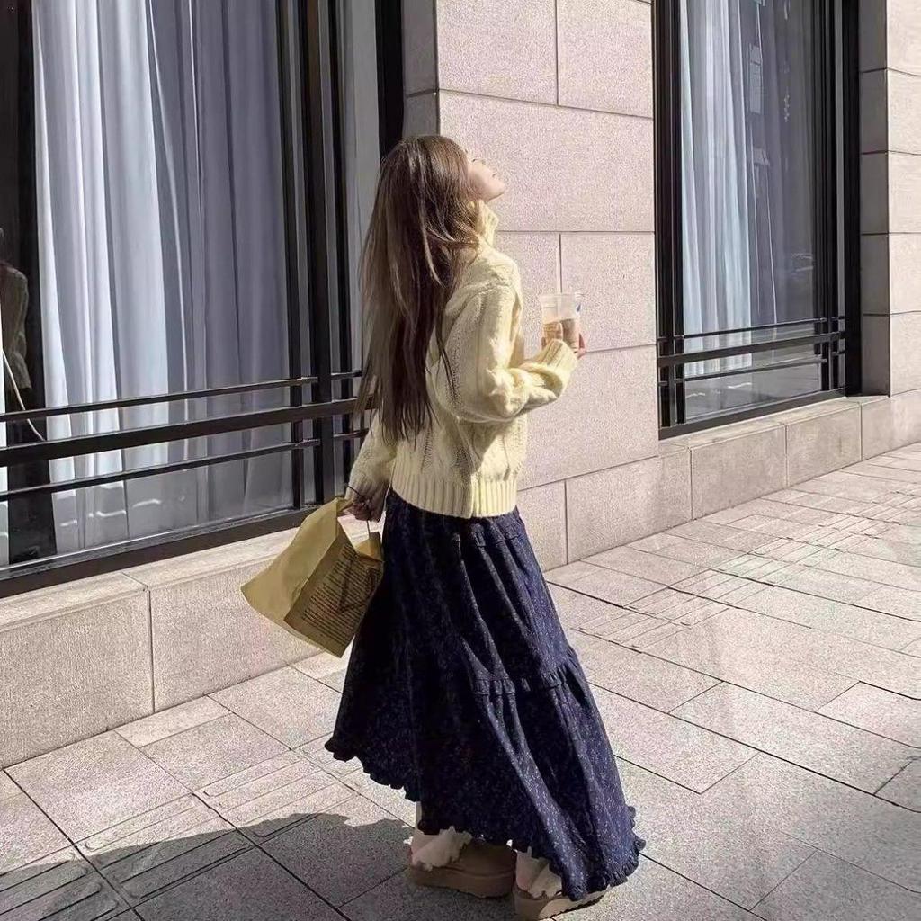 Douyin Purple Floral Retro High-Waisted Mid-Length Skirt - Autumn/Winter Slimming Cake Style