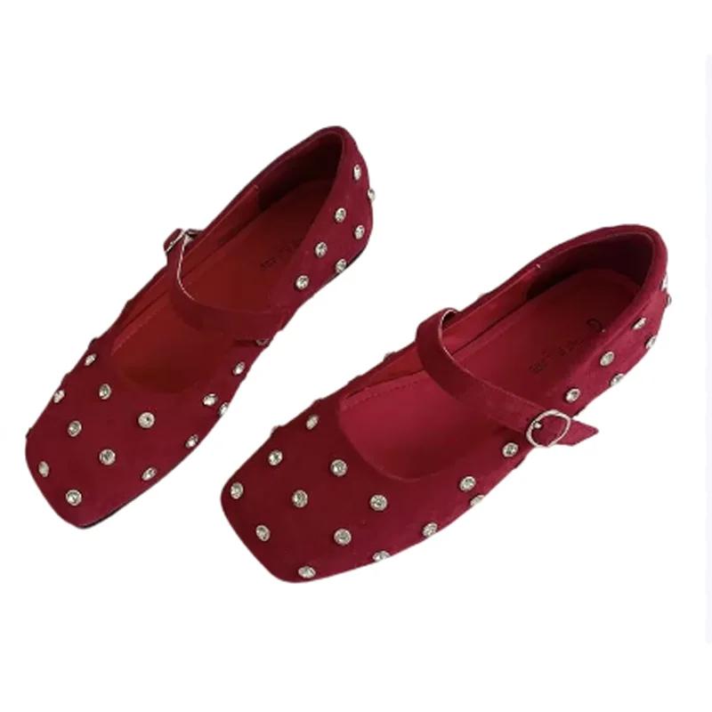 Fashion Spring Flats Women Loafers Shoes Square Toe Crystal Dress Shoes Casual Woman Sport Sandals 2025 New Brand Lolita Mujer Zapatos