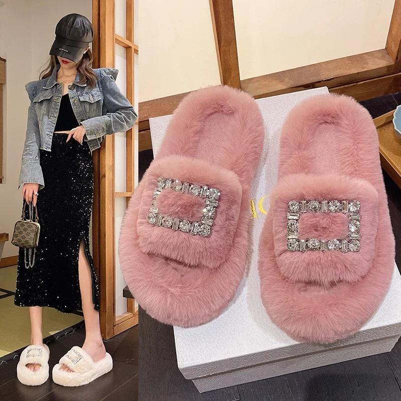 Fashion Women's 2025 Autumn/Winter New Water Diamond Square Buckle Fashionable and Warm Plush Slippers Zapatos De Mujer Plus Size 40