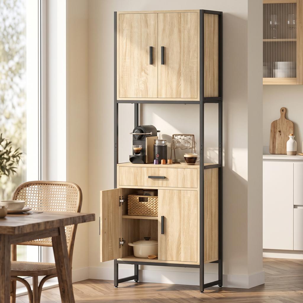 High Kitchen Buffet, 4 Soft-Close Doors, Drawer, Worktop, 60 x 30 x 170 cm, Natural Wood