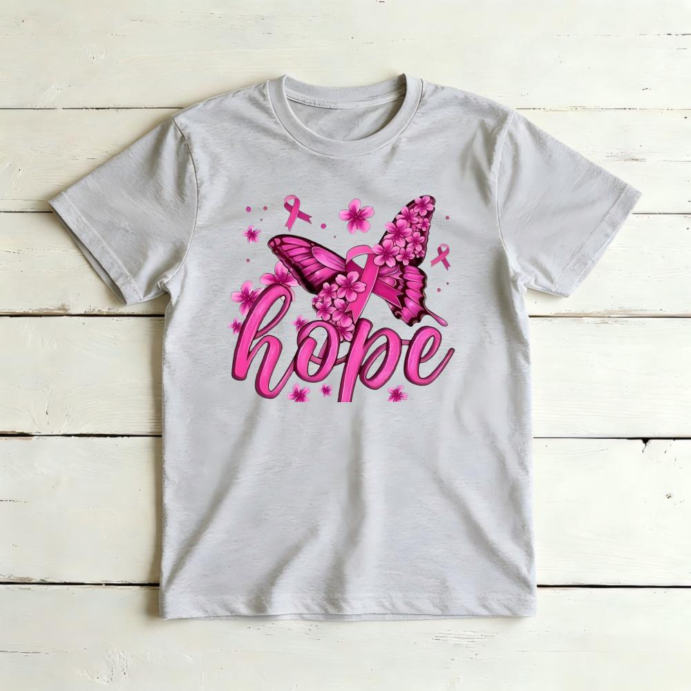 Hope Floral Butterfly Pink Ribbon Graphicunisex Summer Cotton T Shirt Breast Cancer Positive Short Sleeve Casual Top