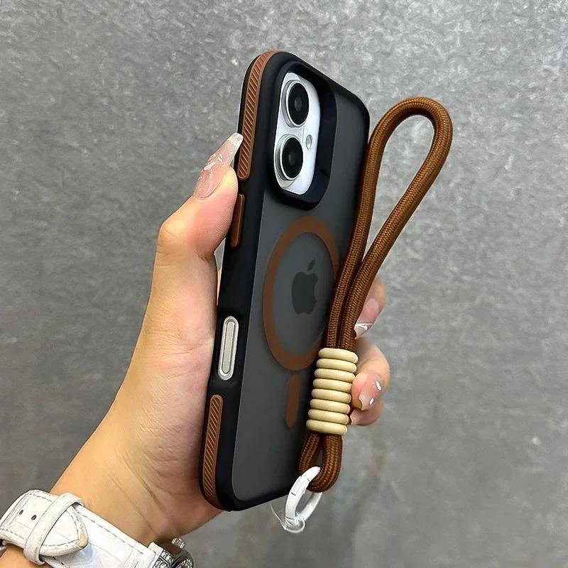Luxury With Lanyard Magsafe Matte Phone Case For iPhone 17 16 15 14 13 12 11 17 Pro Max Air Magnetic Color Bumper Back Cover
