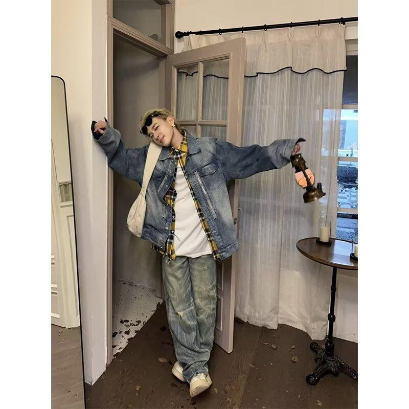 Herbst und Winter Neue amerikanische High Street gewaschene helle Jeans für Männer und Frauen mit geradem Bein, leicht ausgestelltem Bein und weitem Bein