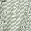 VONDA Women Casual Loose Turn Down Collar Long Sleeve Striped Ruffled Shirt Dress