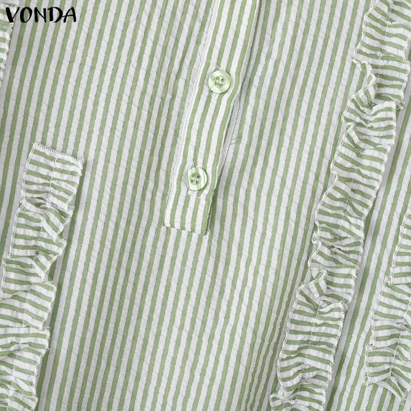 VONDA Women Casual Loose Turn Down Collar Long Sleeve Striped Ruffled Shirt Dress