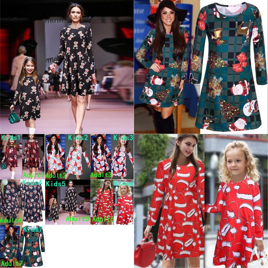 Elegant Girls Children Xmas Mother And Daughter Santa Bow Print Dress For Festive Celebrations