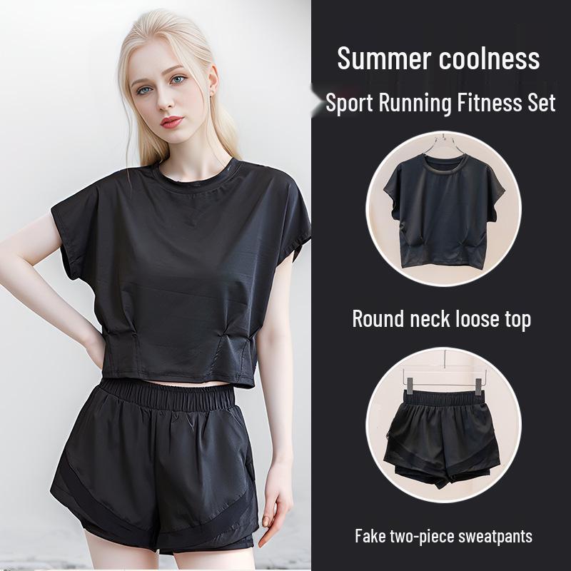 Women's Quick-Dry Summer Yoga Set: Lightweight, Breathable, Anti-Exposure Two-Piece with Short Sleeves and Shorts for Fitness and Running