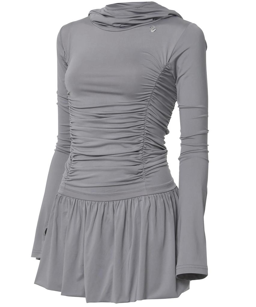 Peulleeoeob Hooded High Neck Long Dress (Fl-185_Gray)