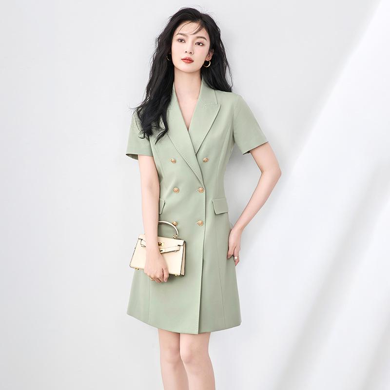 Women's Summer High-End Double-Breasted Slimming Suit Dress with Turn-Down Collar