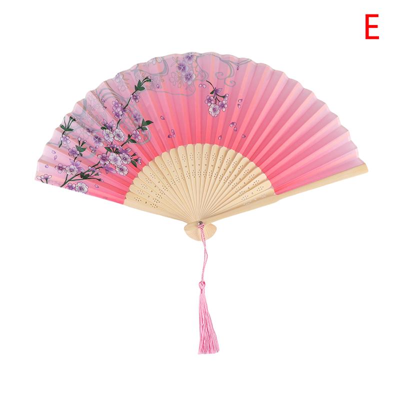Vintage Printed Silk Folding Hand Fan Tassel Chinese Bamboo Fans Women Dance Performance Props Home Decoration Ornaments