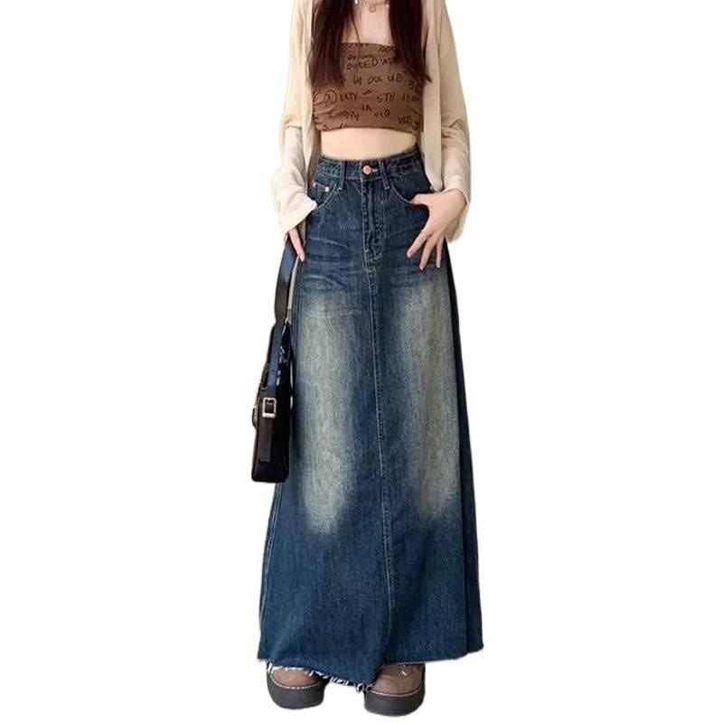 Denim A Line Skirt With Vintage Wash For Casual Wear