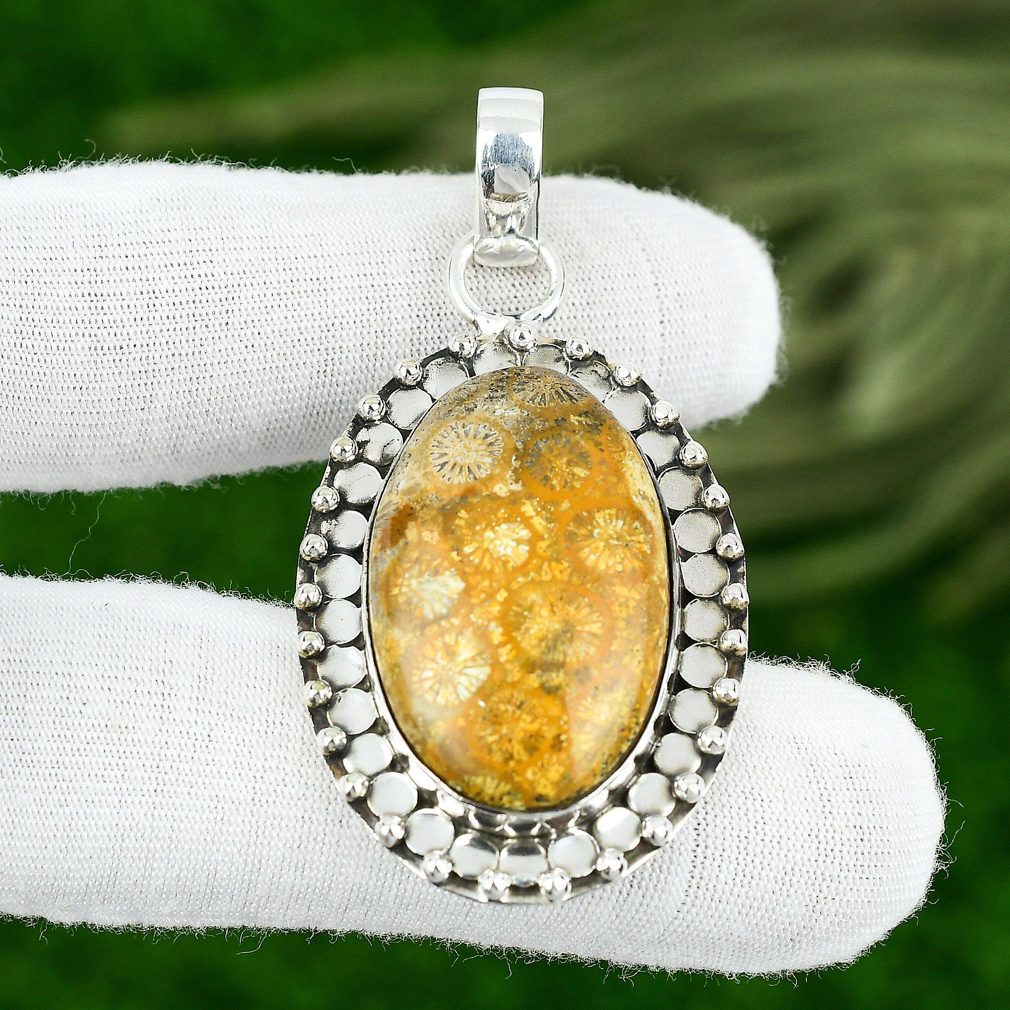 Корневая чакра Натуральный ископаемый коралл Стерлинговое серебро Юбилейный Кулон-безель для жены