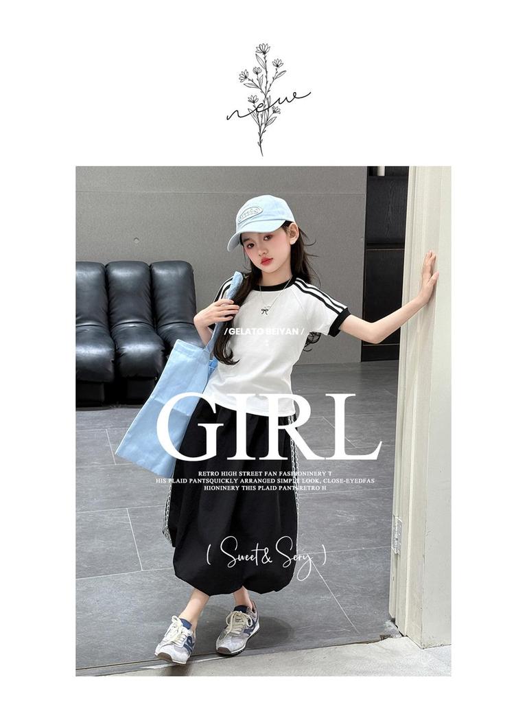 Girls' Summer 2025 Fashion Set: Stylish Short-Sleeve Top with Trendy Seven-Point Tulip Skirt