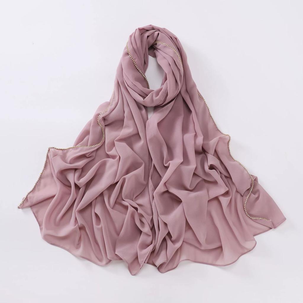 New Pearl Chiffon Hijab Scarf Copper Chain With Black Crystal Pearls Women Muslim Fashion Hijabs For Women Ramadan Turban Femme
