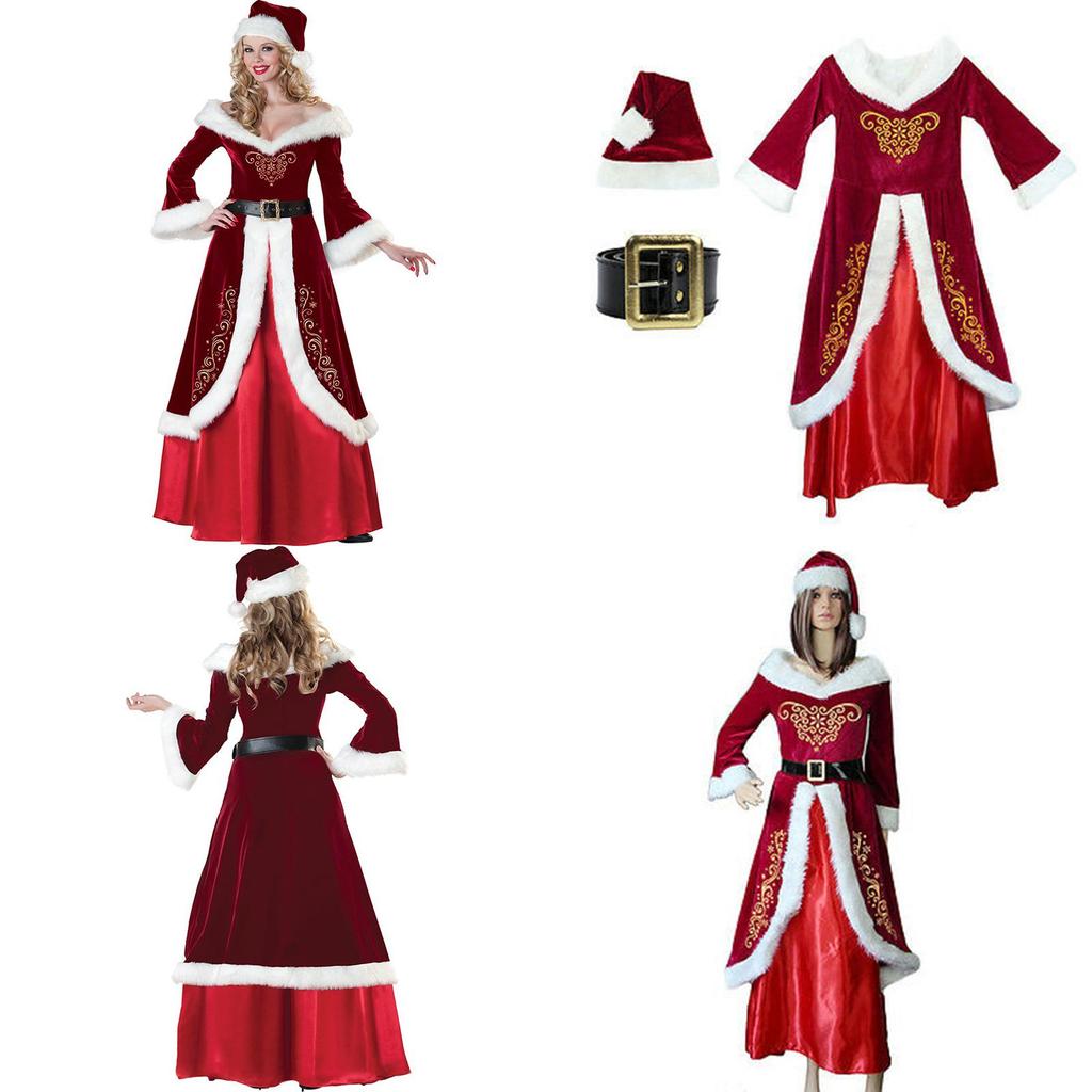 Elegant Red Santa Claus Adult Women's Christmas Costume Dress With Cozy Faux Fur Trim