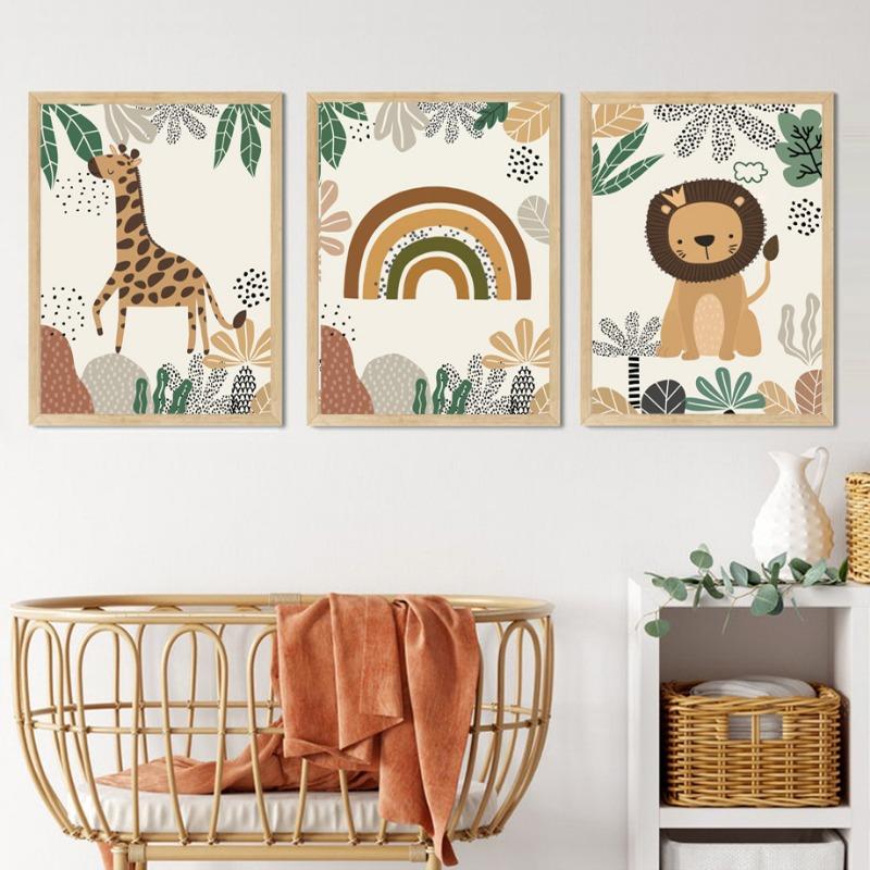 Löwe Giraffe Elefant Affe Regenbogen Blatt Wandkunst Leinwandmalerei Dschungeltier Poster und Drucke Bilder Baby Kinderzimmer Dekor