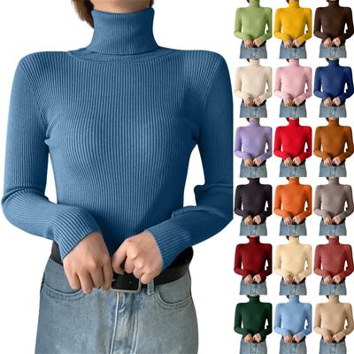 Suéter feminino de malha de cor sólida com gola justa e parte inferior de manga comprida