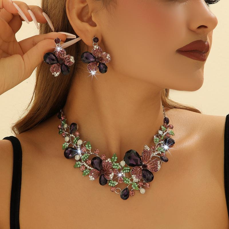 Flower necklace earrings suit colorful crystal gemstone jewelry